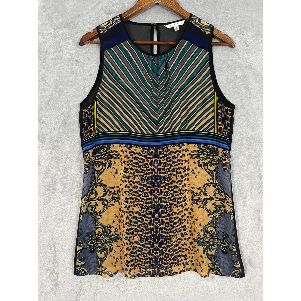 Cabi Blouse Sz M Multicolor Mixed Print Chevron Leopard Sheer Sleeveless Artsy